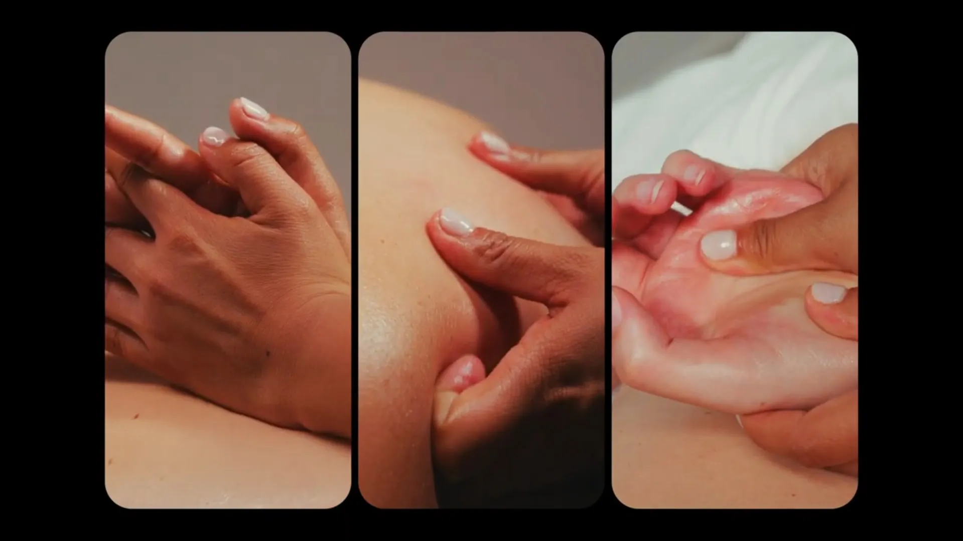Three close frames of hands at work: a back massage, a hand on the shoulder, a hand massage