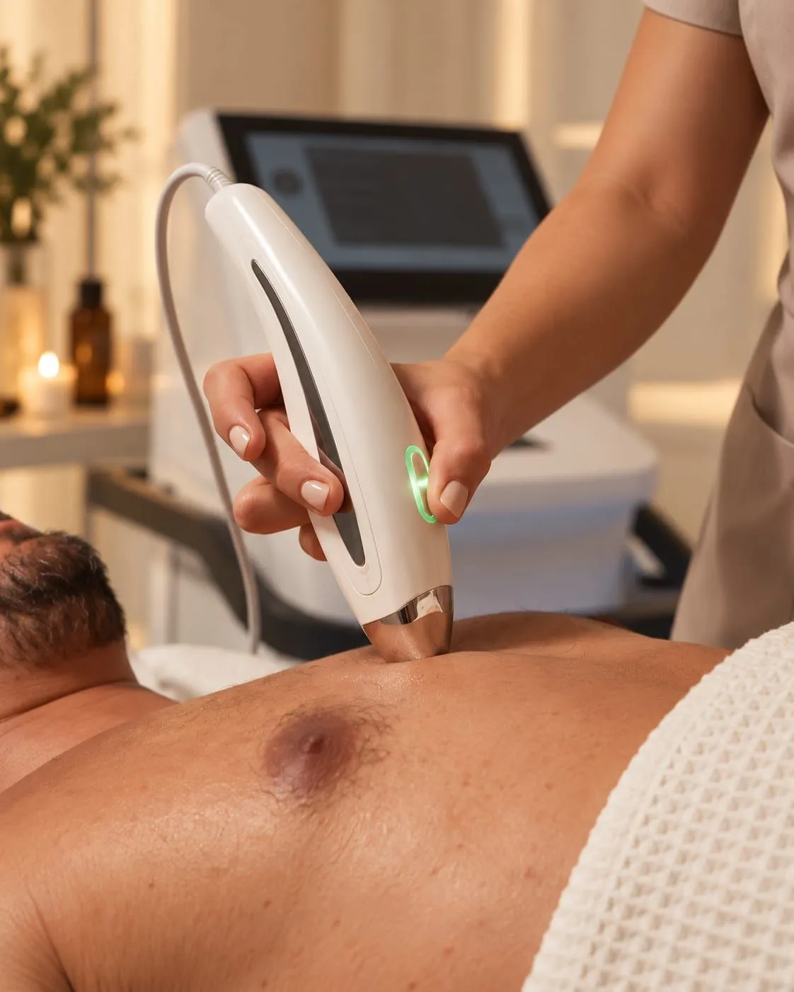 Diode laser hair removal on the chest, the handpiece with its green light