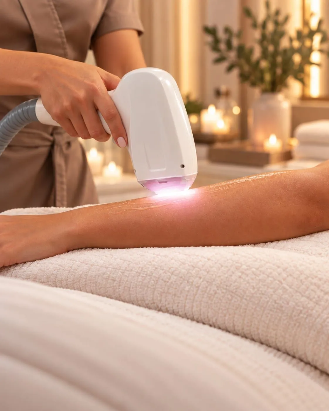 The laser flash on the forearm, the handpiece up close