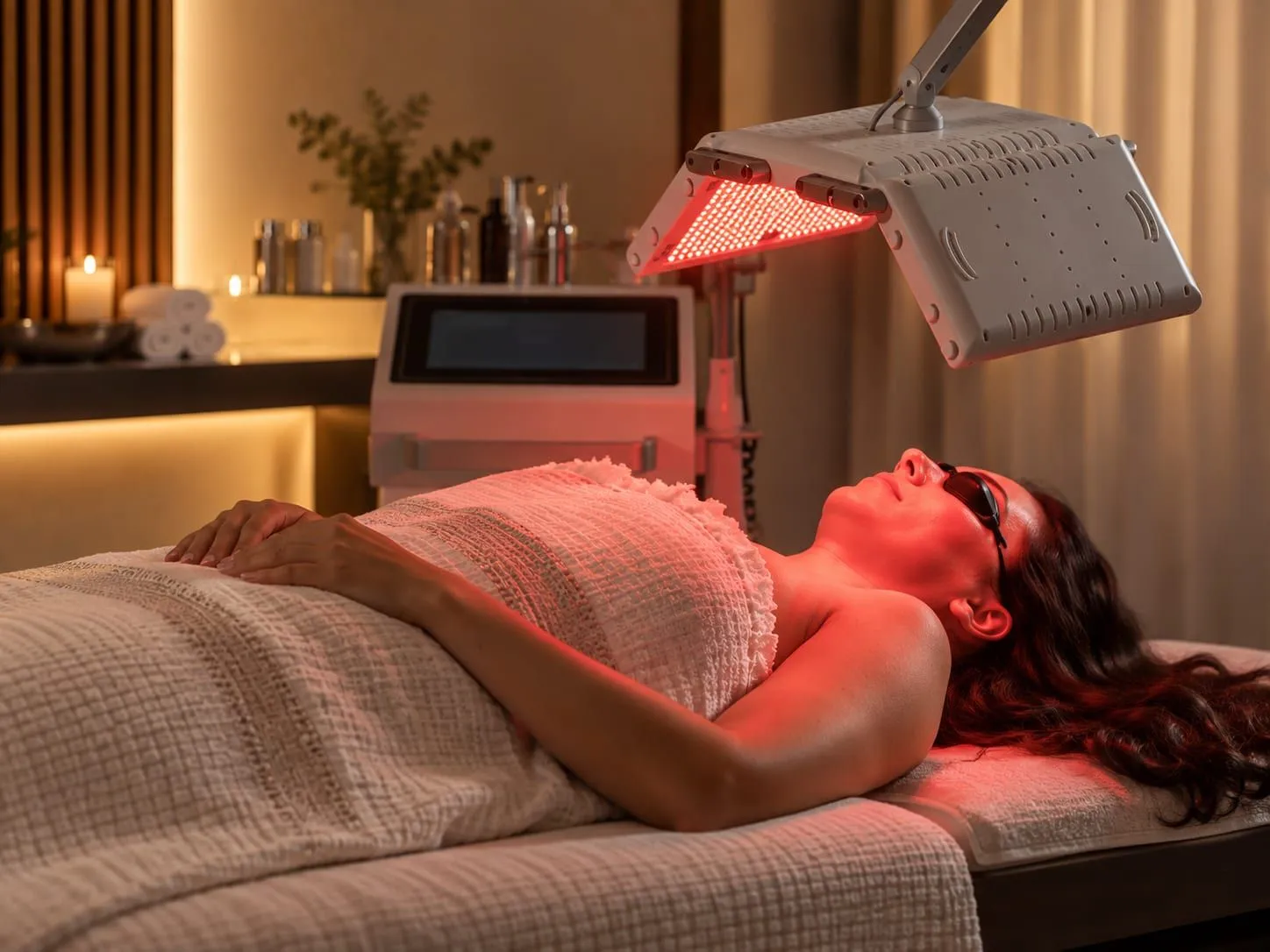 The aesthetic medicine room: red LED panel open over a guest wearing goggles
