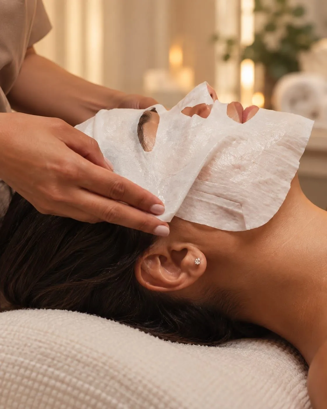 A sheet mask is laid over the face in the facial room