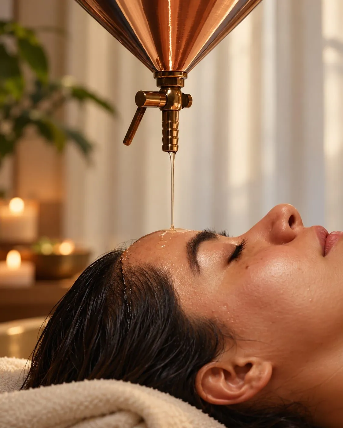 Shirodhara: a copper funnel lets a thread of warm oil fall on the forehead