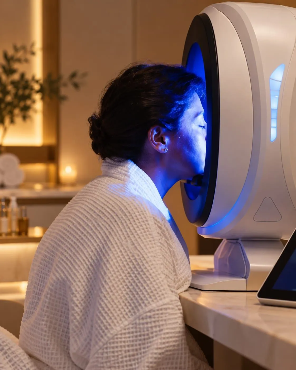 Skin analysis under blue light in the facial analyzer, the skin map on the tablet beside it